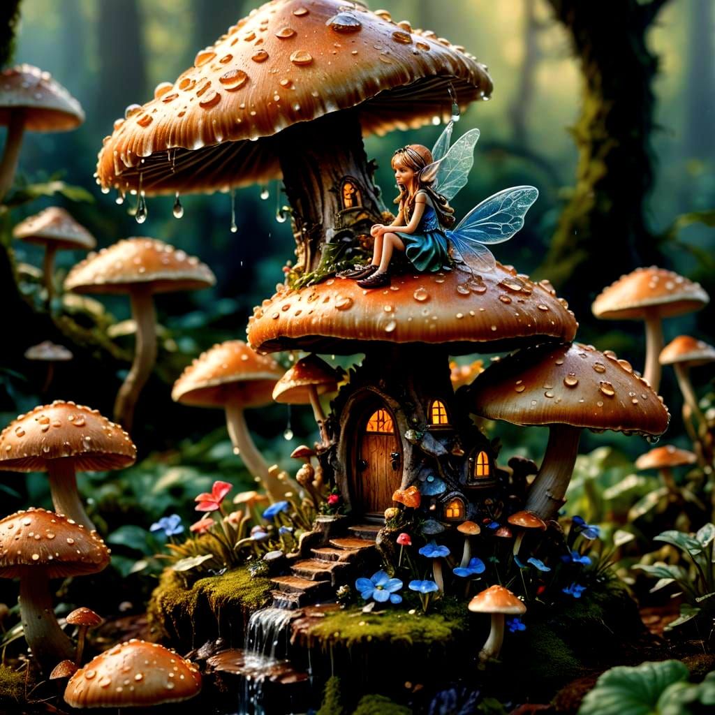 Macro Fairy on Mushroom in Candy Art Style