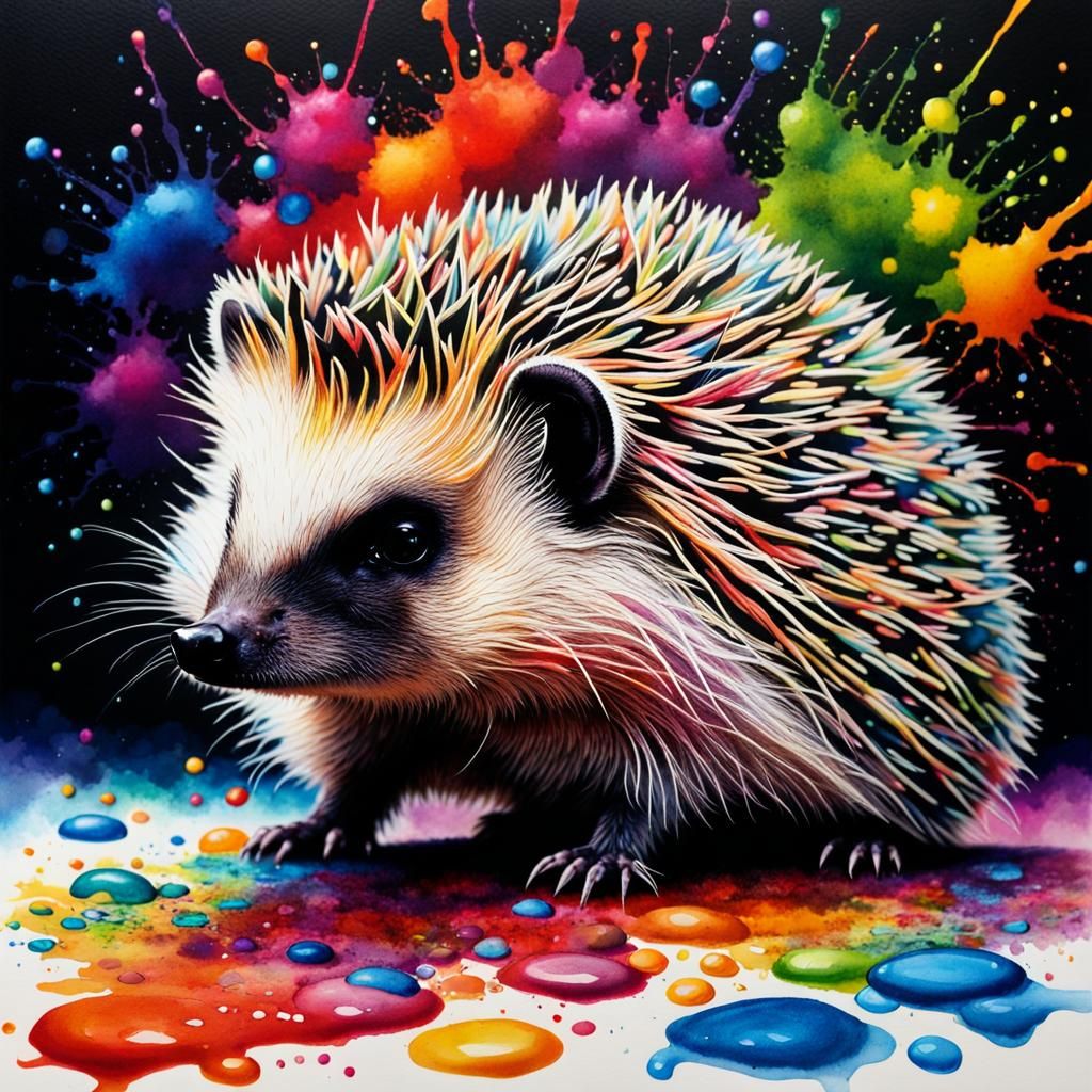 Iridescent Hedgehog in Watercolor Ink Splatter