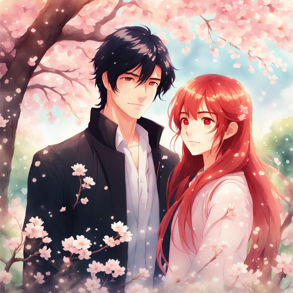 Romantic Anime Couple in Cherry Blossom Garden