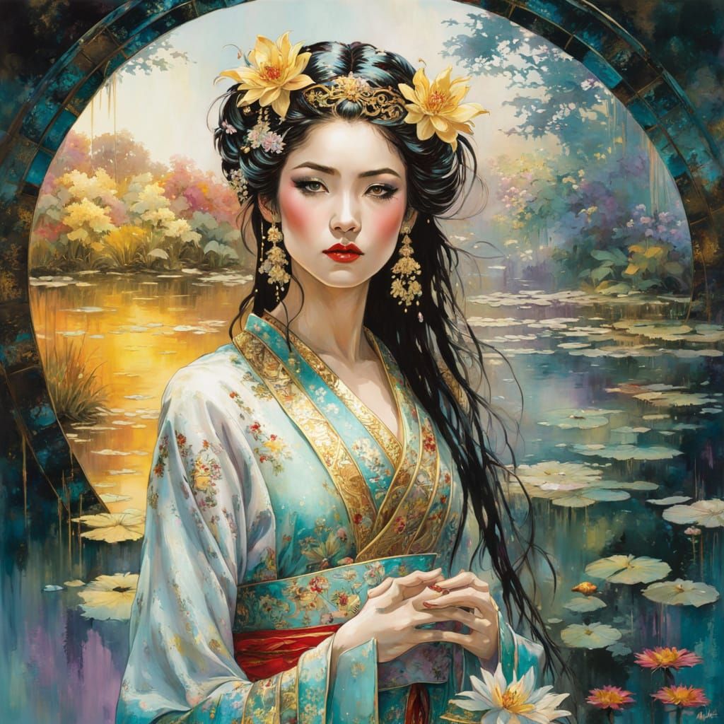 Ethereal Geisha in Intricate Kimono, Golden Motifs, and Cele...