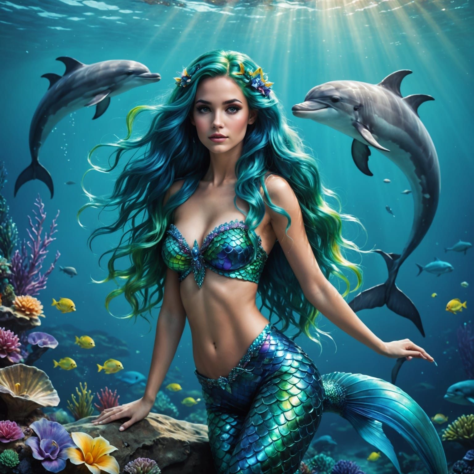 Realistic Mermaid Portrait with Dolphin and Rainbow Locks