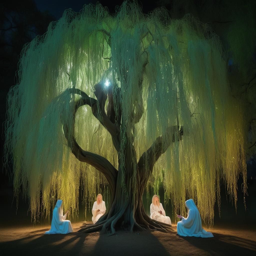 Bioluminescent Willow Tree with Worshippers