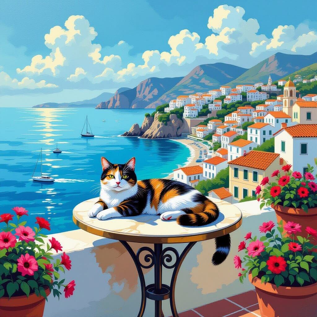 Mediterranean Cat: A Vibrant 2D Game Art Painting