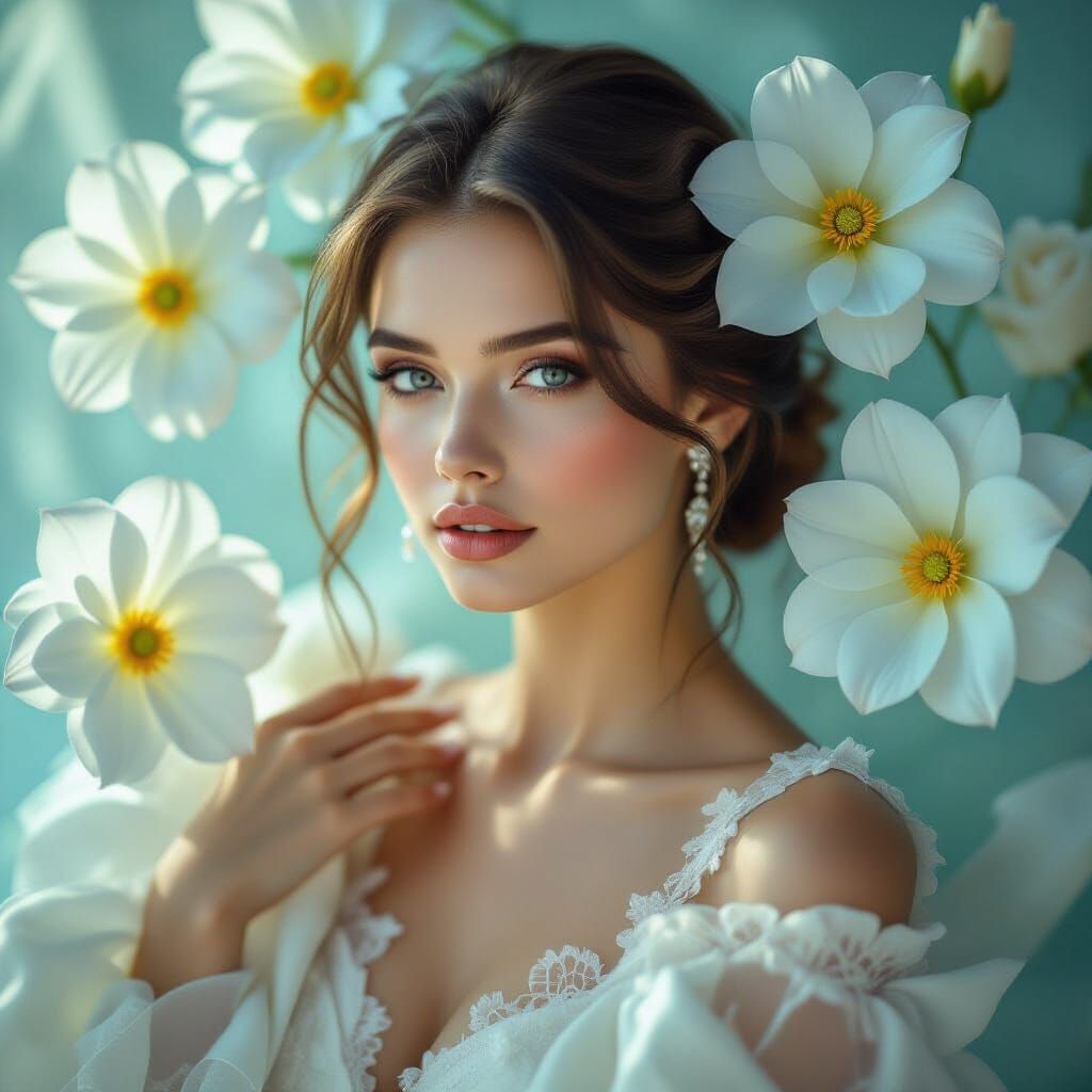 Ethereal Woman Surrounded by Satin Flowers