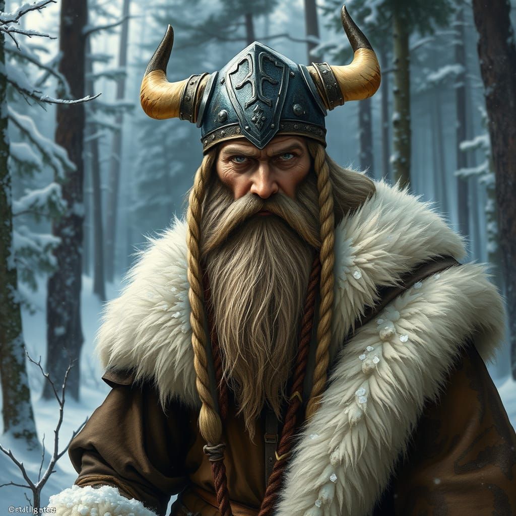 Nordic Viking Warrior in Snowy Forest