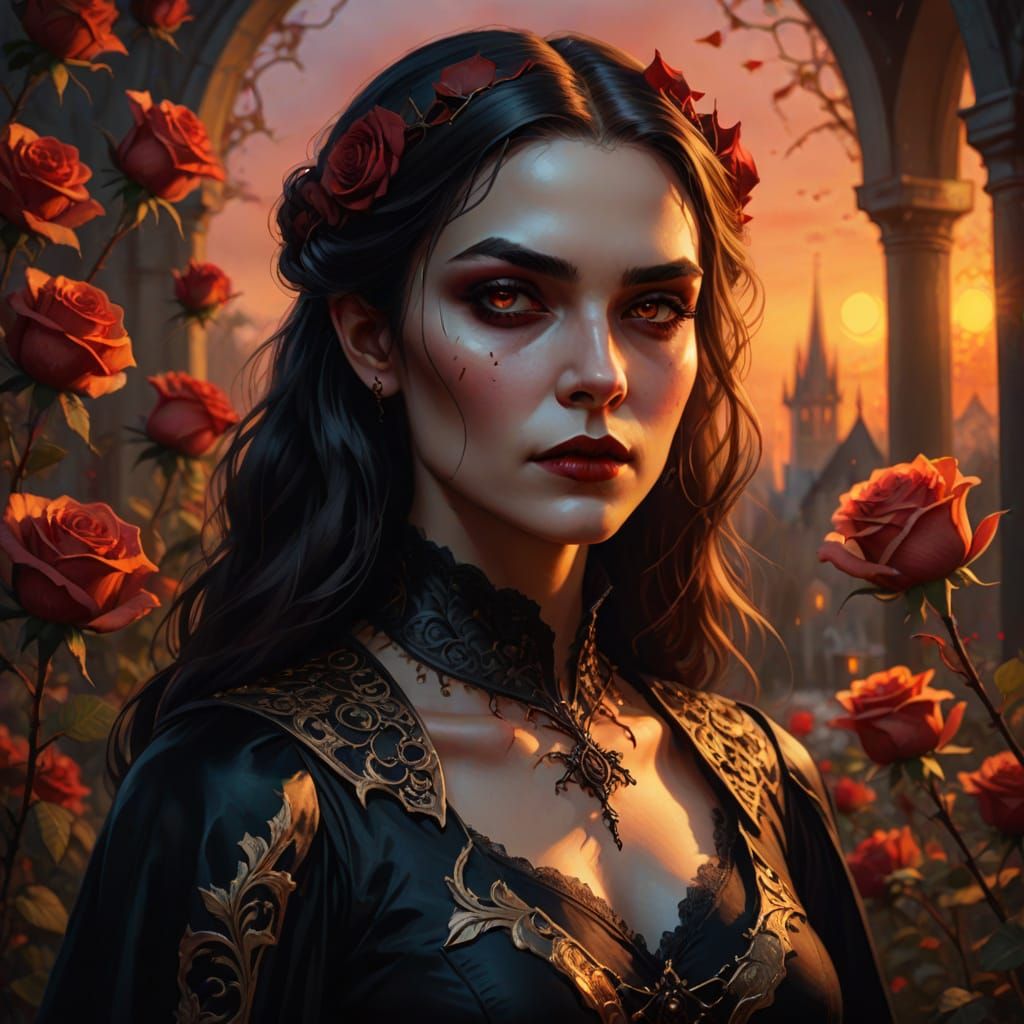 Gothic Vampire Woman in a Rose Petal Gown