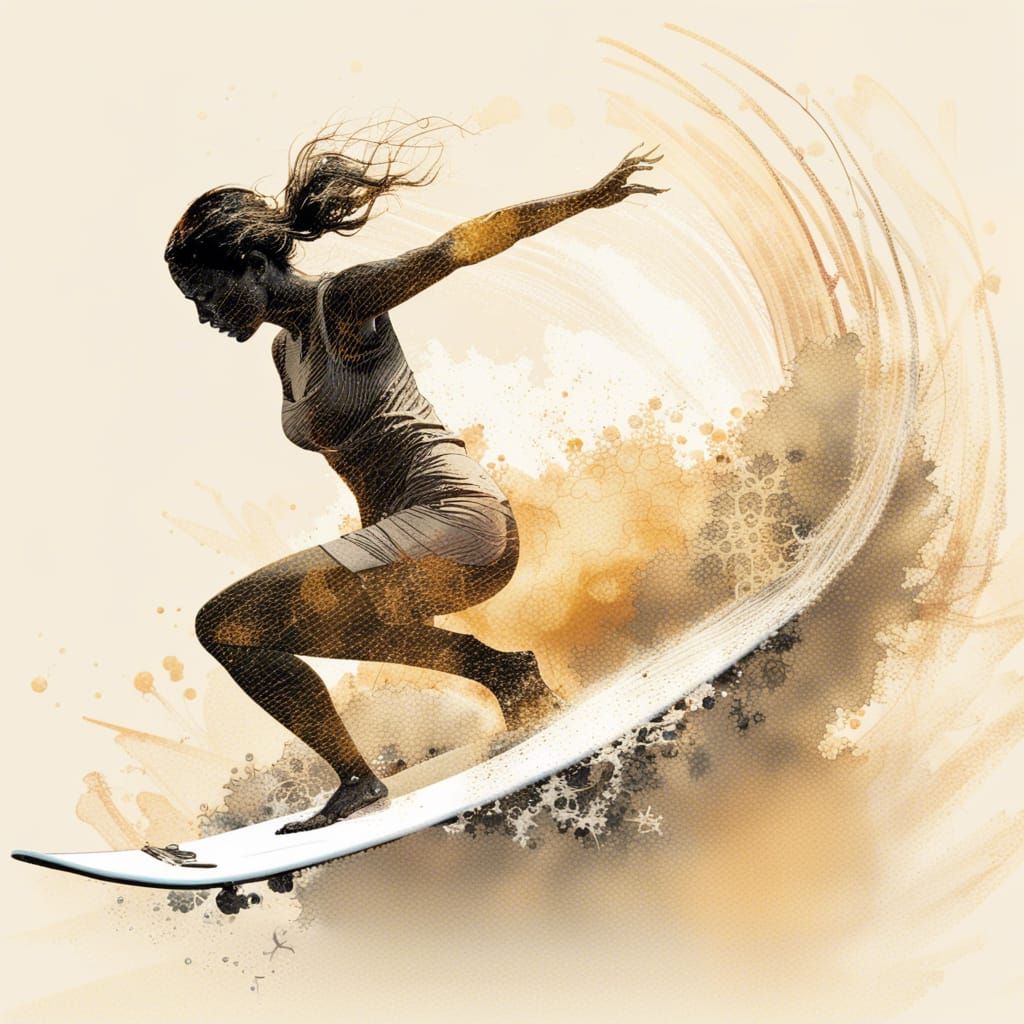 Woman Surfboarding at Golden Hour in 3D Shading