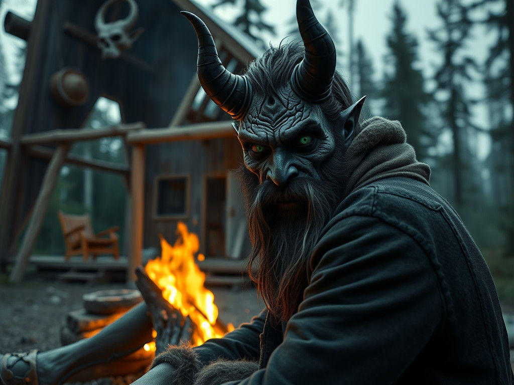 Apathetic Bearded Demon by Campfire in 8k