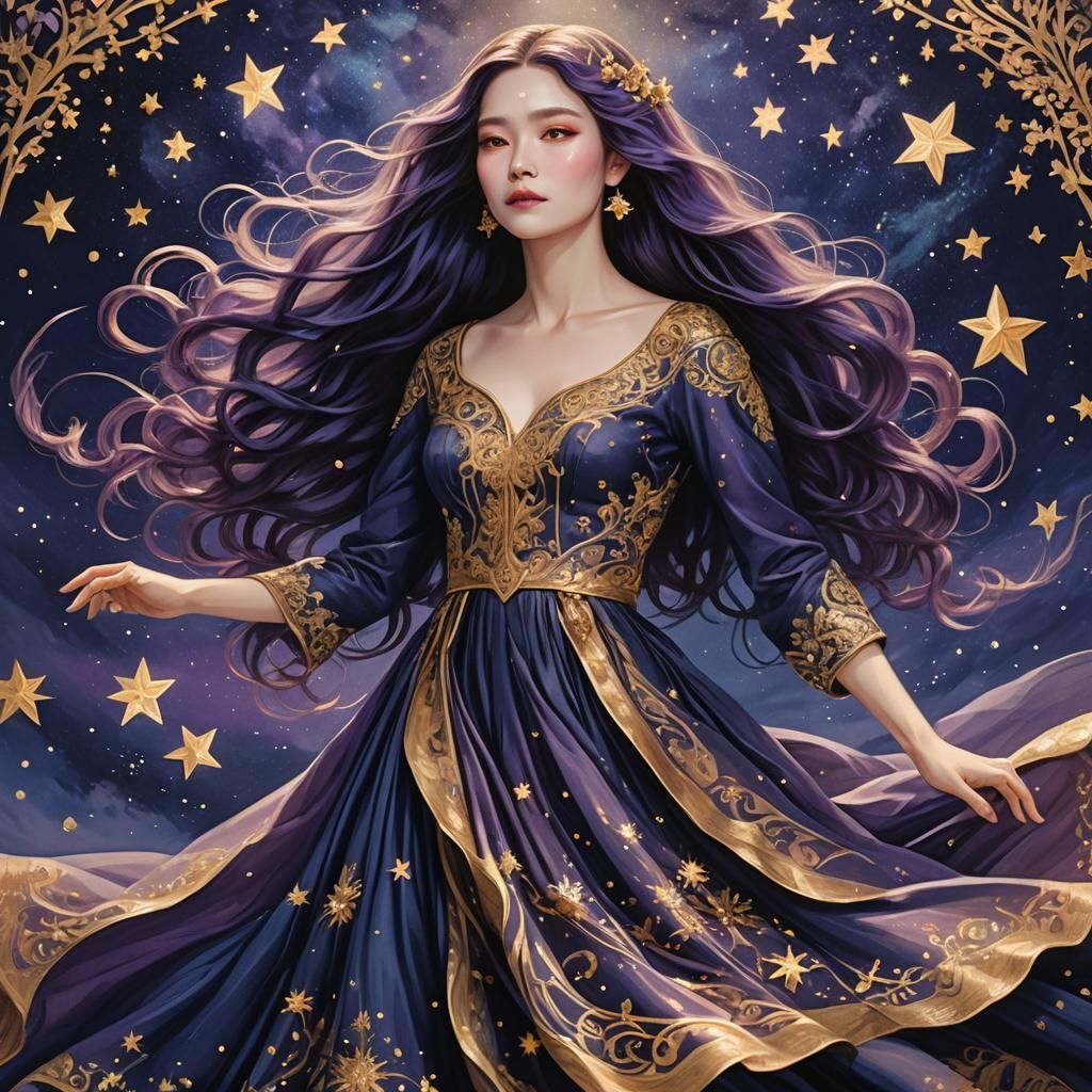 Woman Gazing at Psychedelic Landscape with Celestial Dress