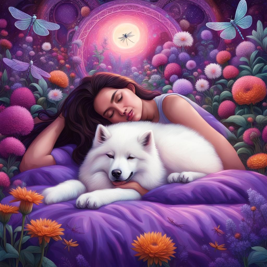 Sleeping Brunette and Samoyed in Floral Garden
