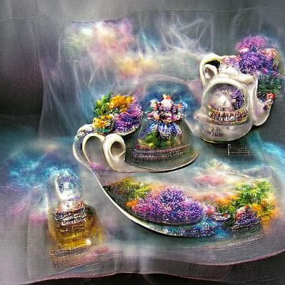 Magical Tea Set and Flowers in Ethereal Style