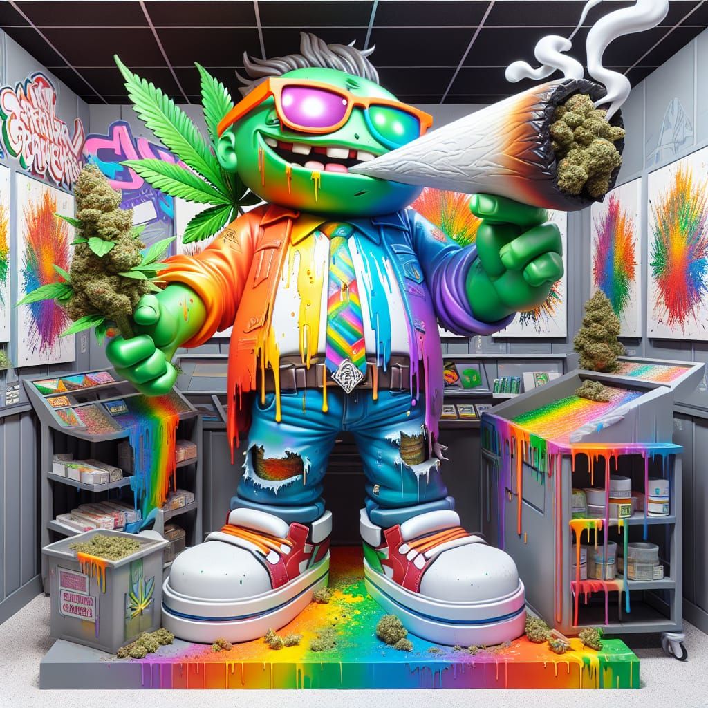 Rainbow Zombie Smokes Joint in Graffiti Style