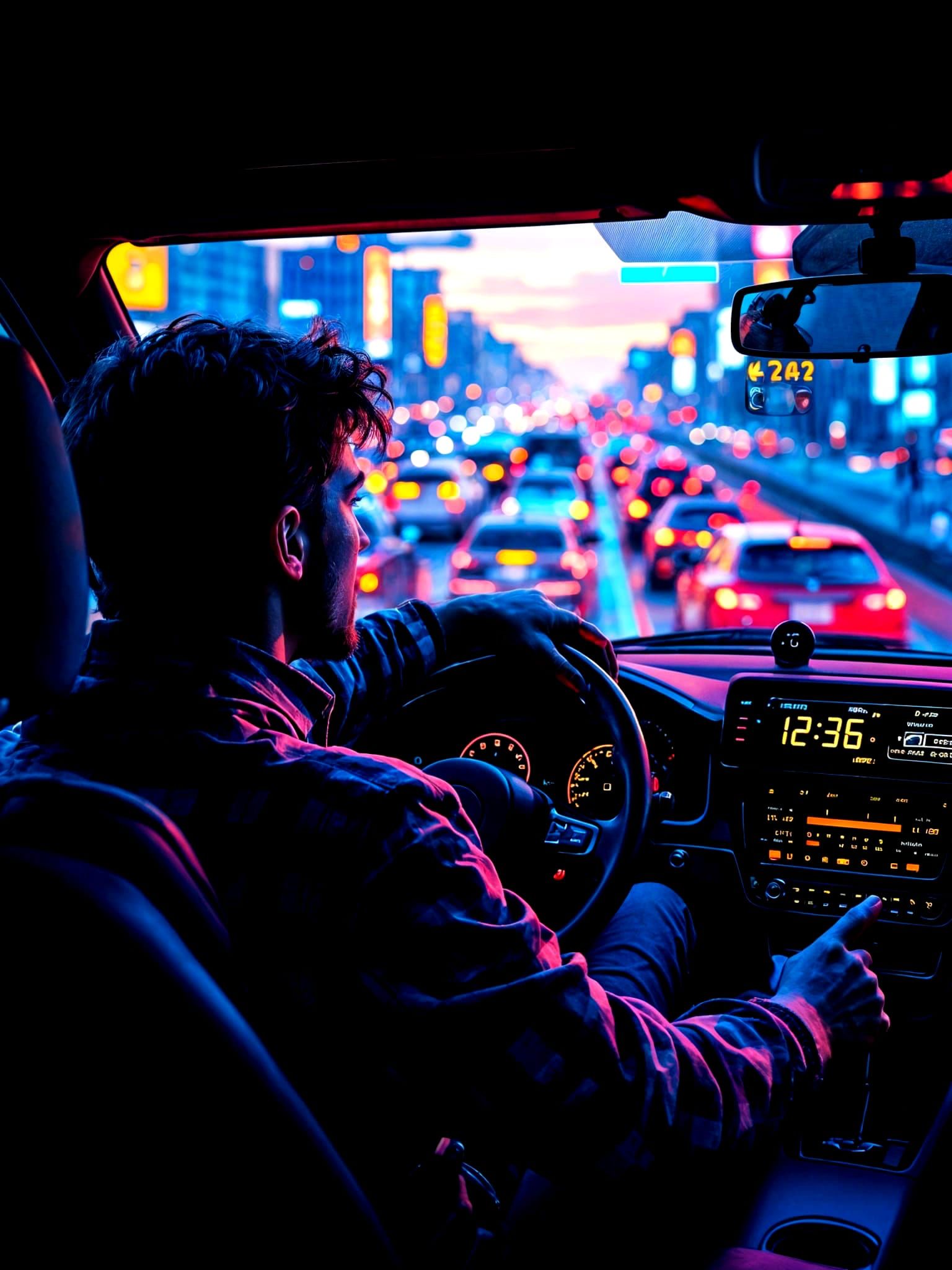 Frustrated Driver in Traffic Jam, Hyperrealistic Splash Art