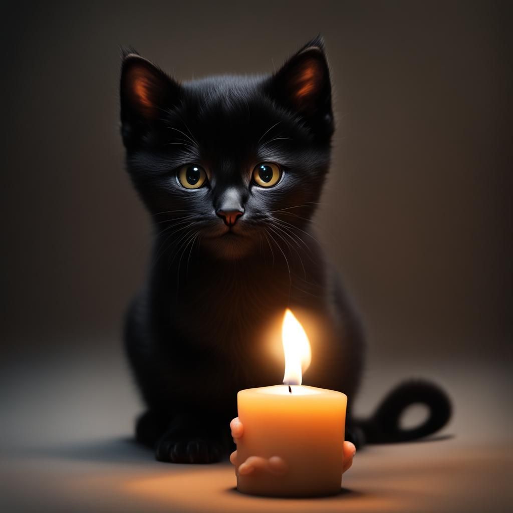 Realistic Black Kitten Gazing at Candle