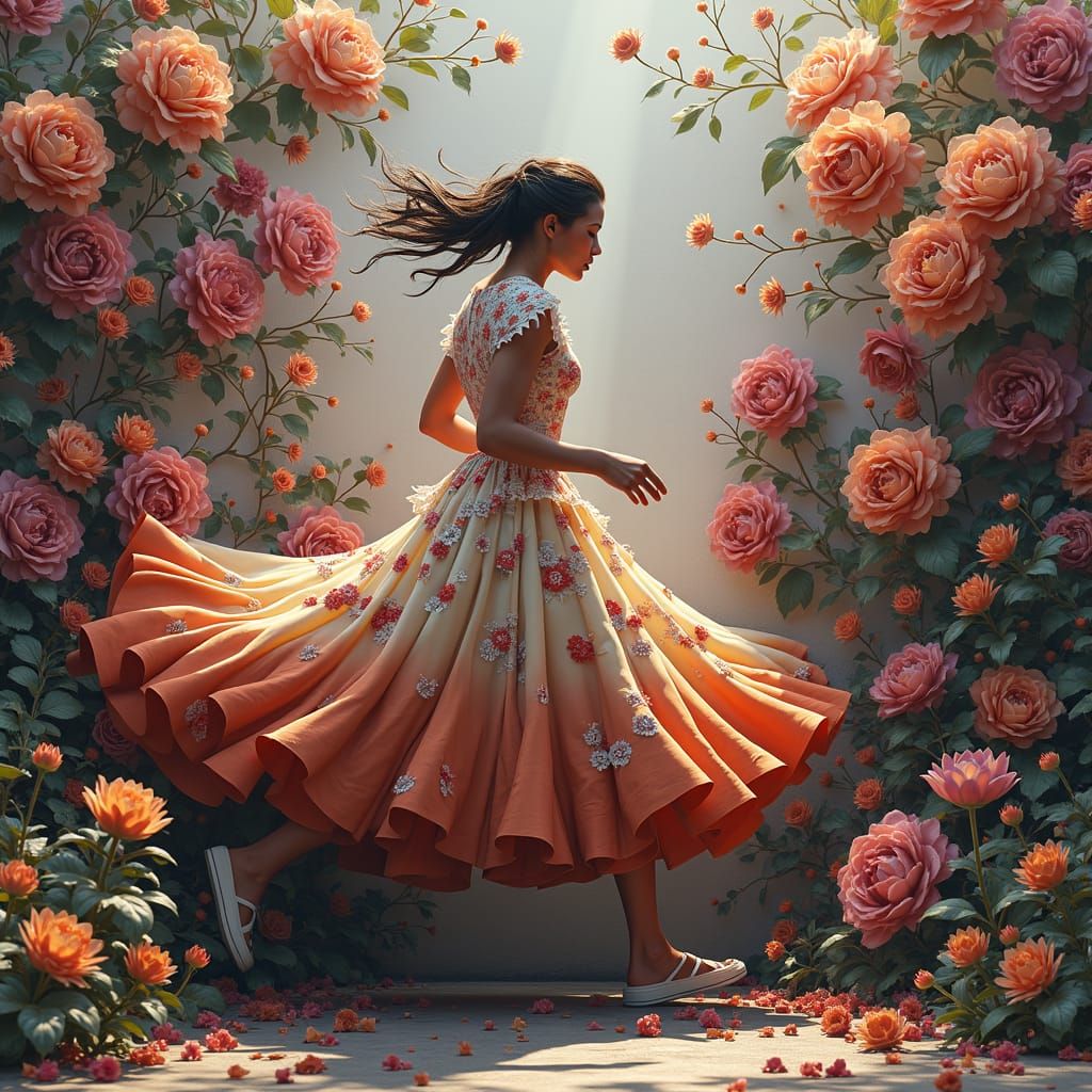 Man in Floral Dress Running Before Flower Wall