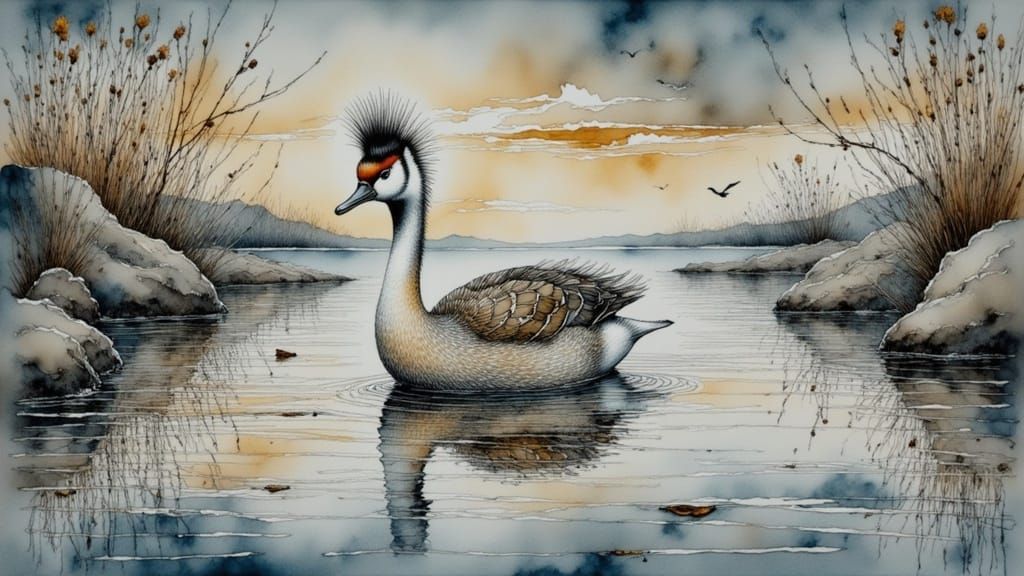 Majestic Great Crested Grebe in Frosty Pond Scene, Rendered...
