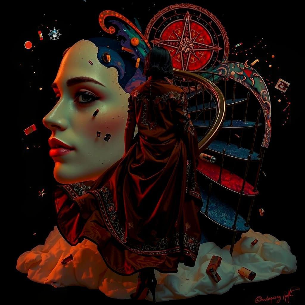 Art Deco Woman Ascending Abstract Staircase