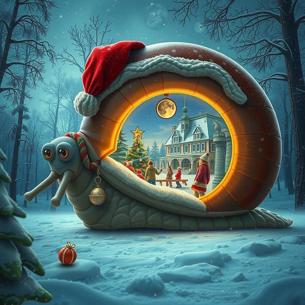 Magical Christmas Snail in Hyperrealistic Winter Wonderland