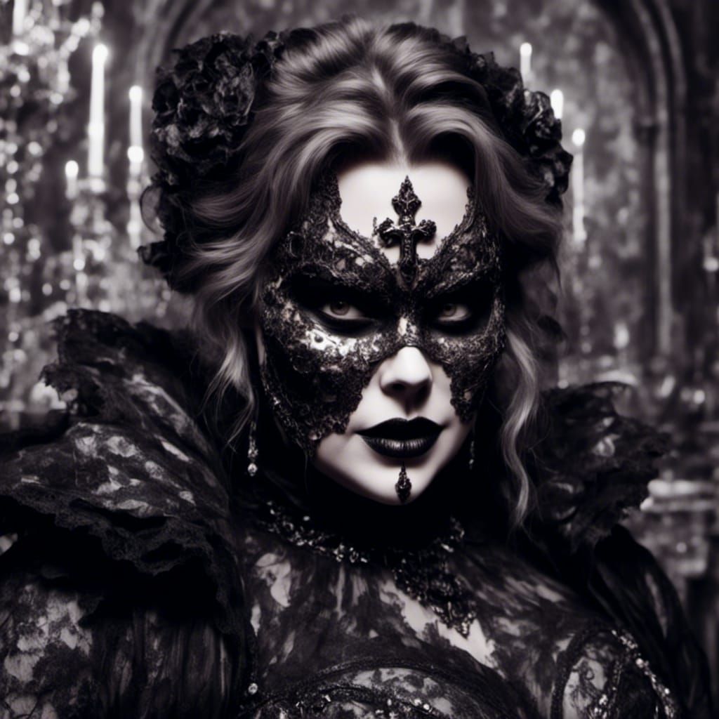 Curvy Woman in Latex Mask, Hyperrealistic Macabre Style