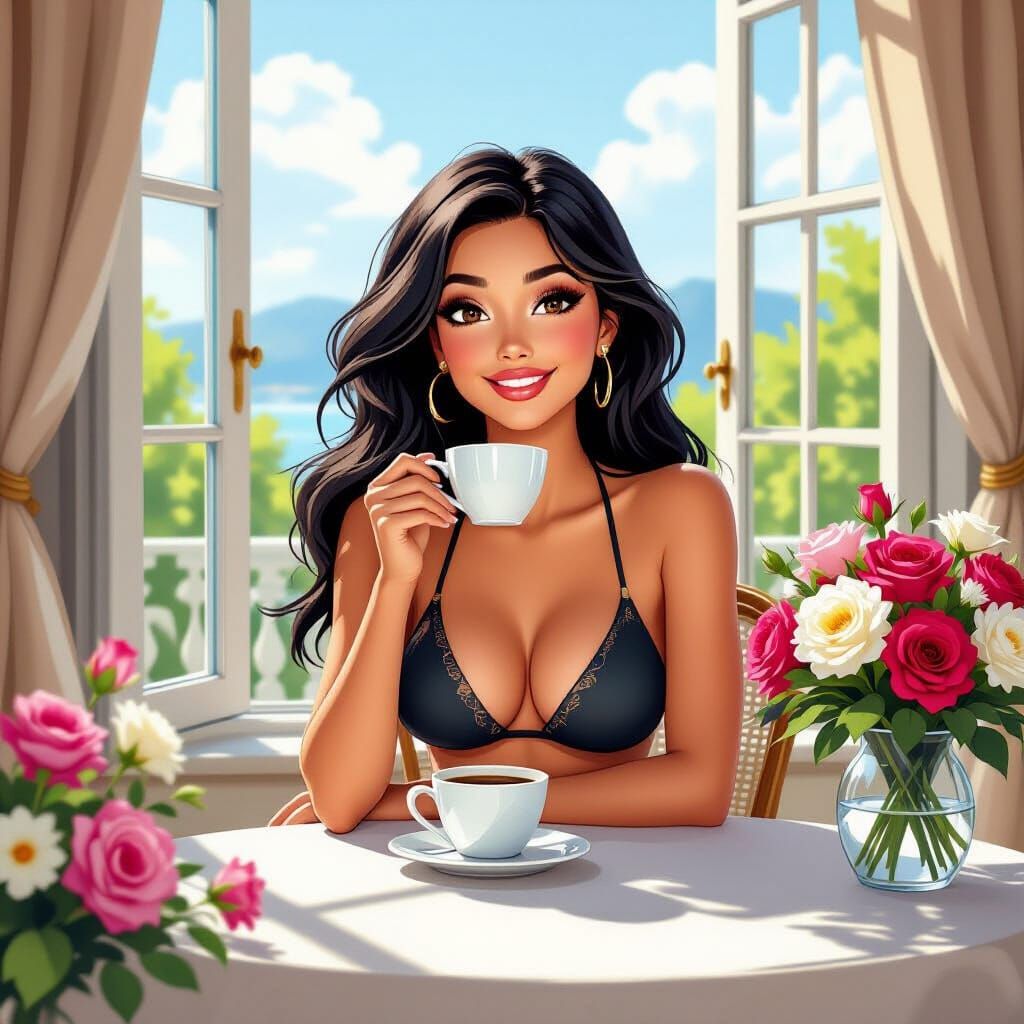 Disney Cartoon of Woman Relaxing with Coffee