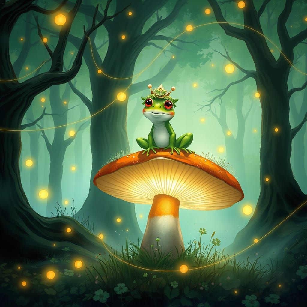 Frog Prince on Mushroom in Enchanted Forest