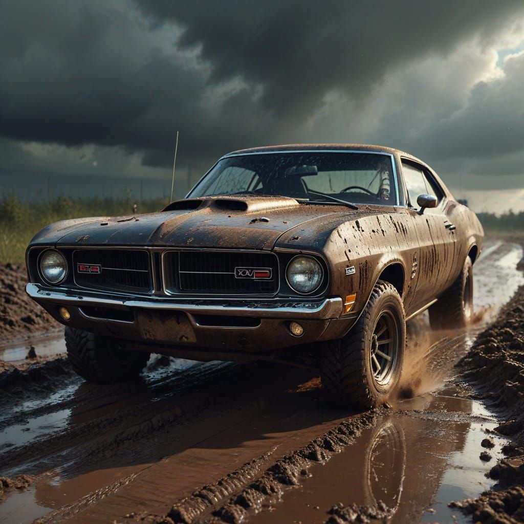 Muscle Car Driving Through Mud in Cinematic Style