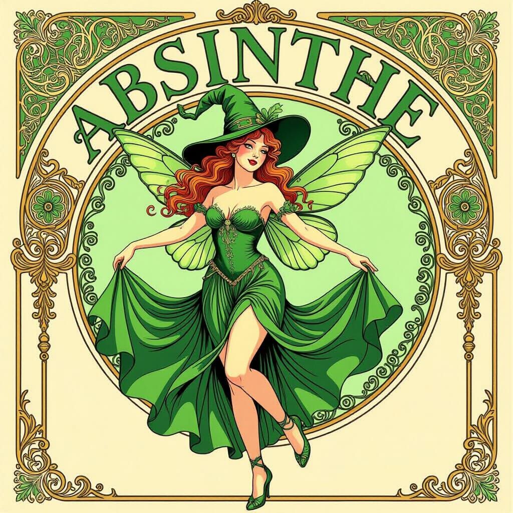 Art Nouveau Fairy Dancing Under Absinthe Sign