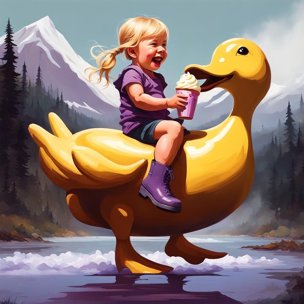 Toddler Rides Giant Duck Through Ominous Forest