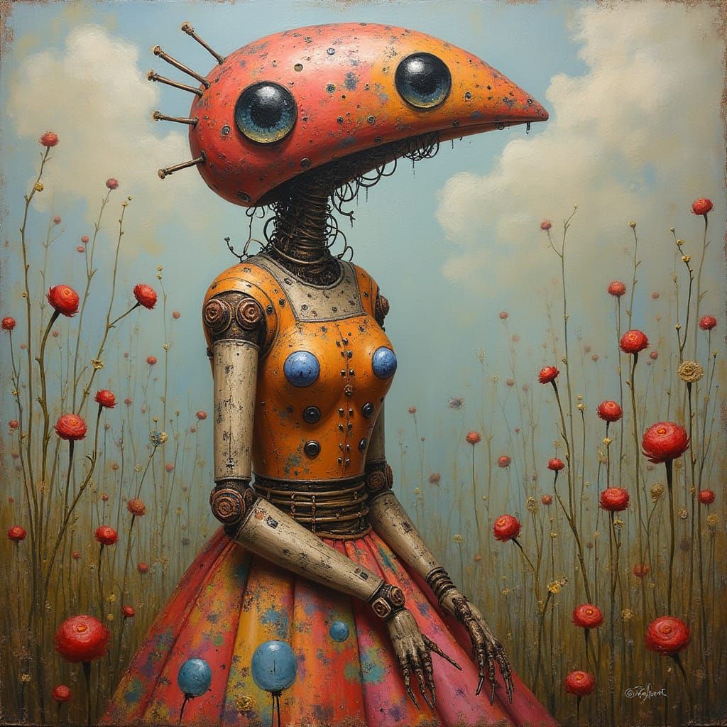 Robotic Lady Patchwork in Vibrant Quilted Style