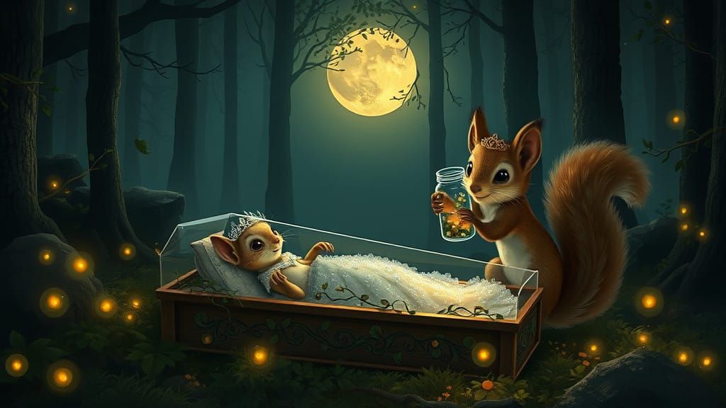 Anthropomorphic Weasel Princess in Glass Coffin Under Harves...