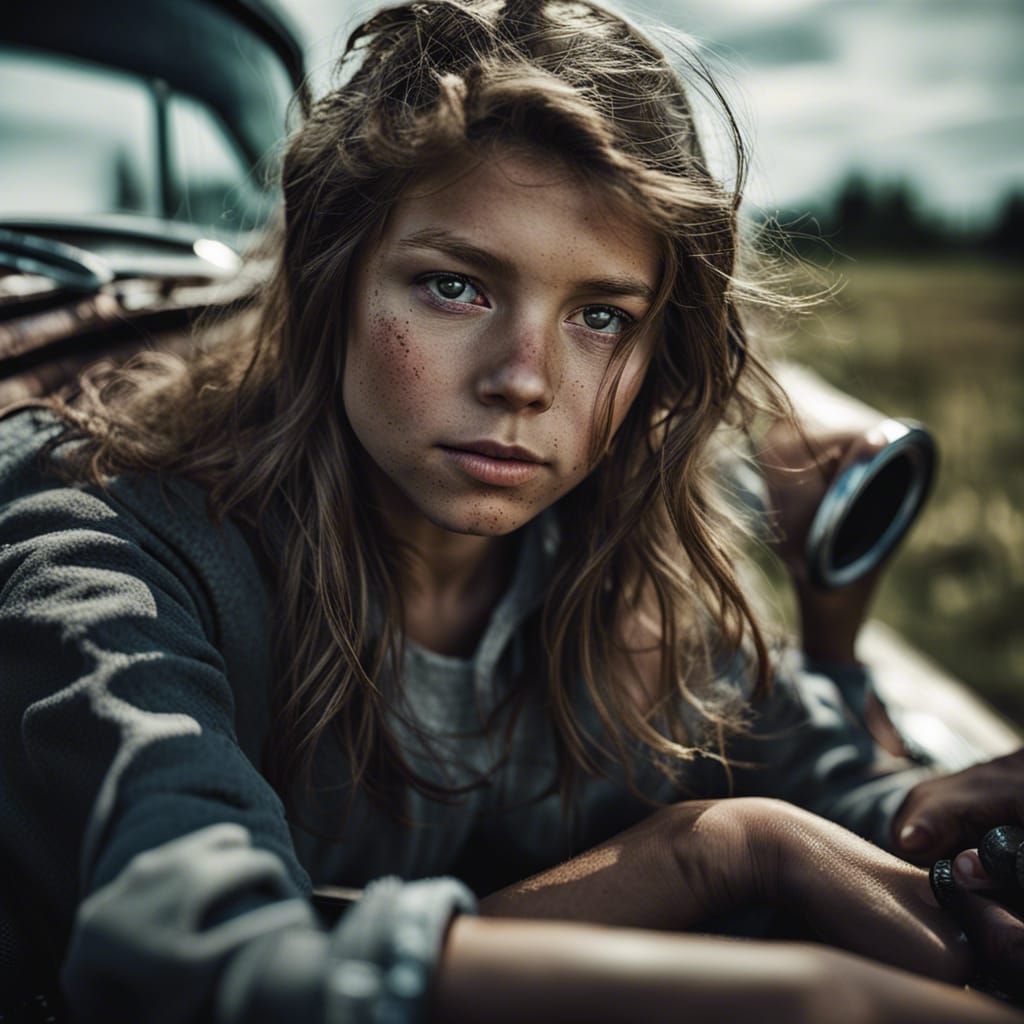 Oil-Smeared Girl Working on 1957 Chevy