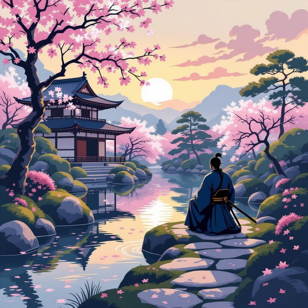 Samurai Contemplating Koi Pond at Dawn in Japanese Garden