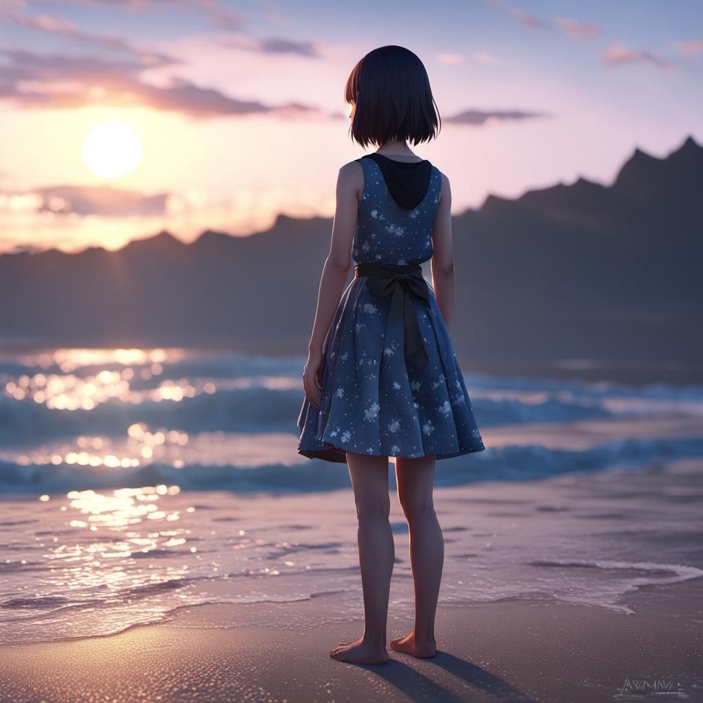 Sunset Beach Anime Girl in 3D Art Style