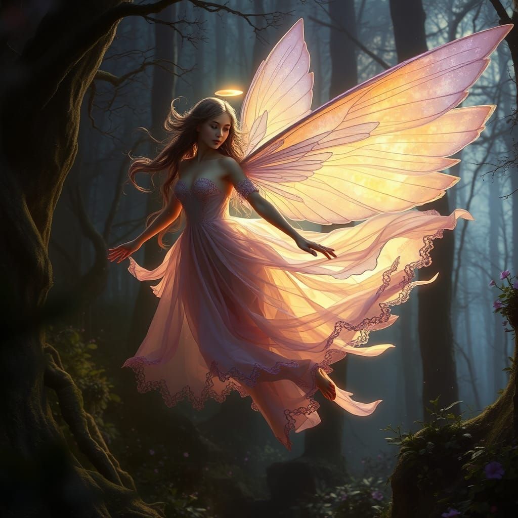 Ethereal Fairy in Dark Forest, Dynamic Lighting