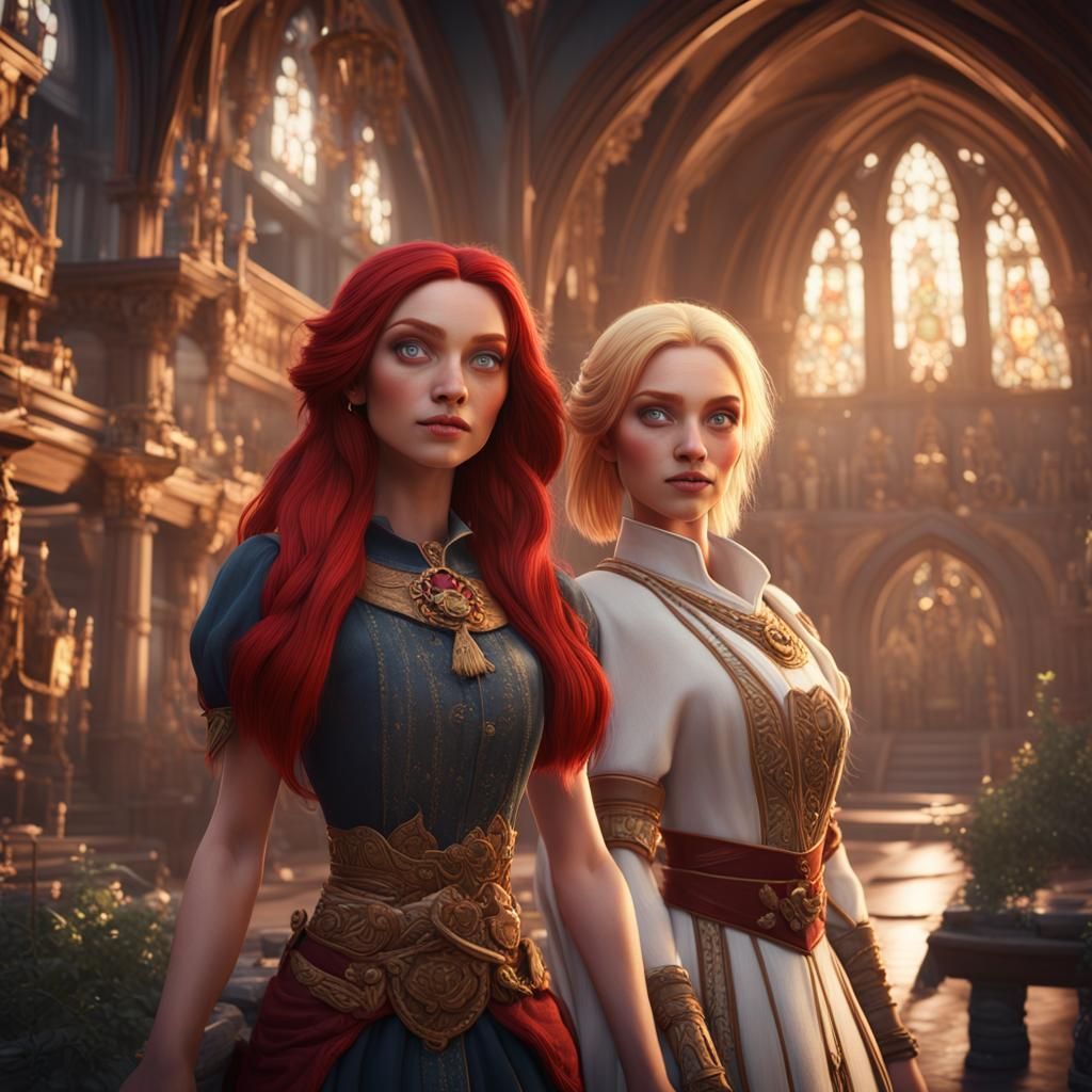 Beautiful dark red haired woman with beautiful blonde woman, happy, cartoon style,  ethereal, beautiful eyes, far shot, ...