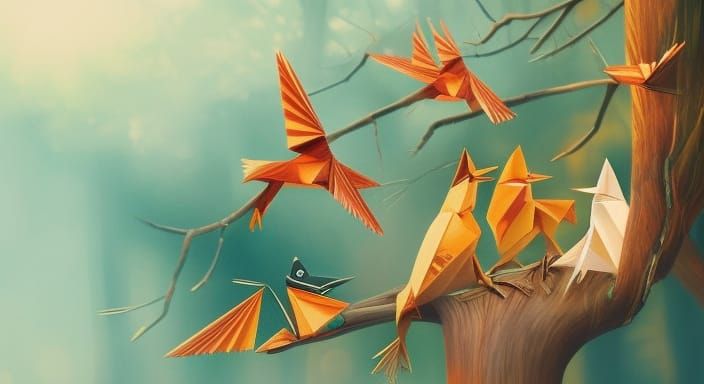 Origami Birds in Forest: Hyperdetailed Precisionism