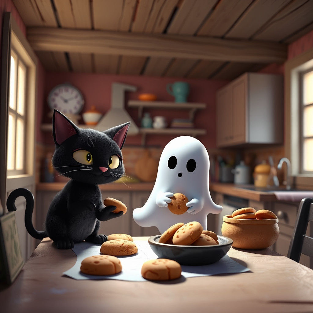 Cartoon Ghost and Black Cat Baking Cookies: 3D Digital Art