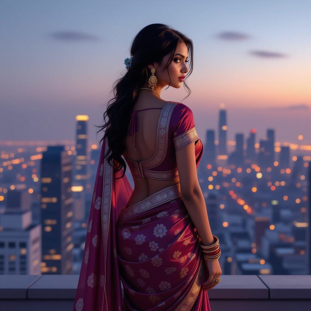 Indian Goddess in Modern Elegance at Sunset