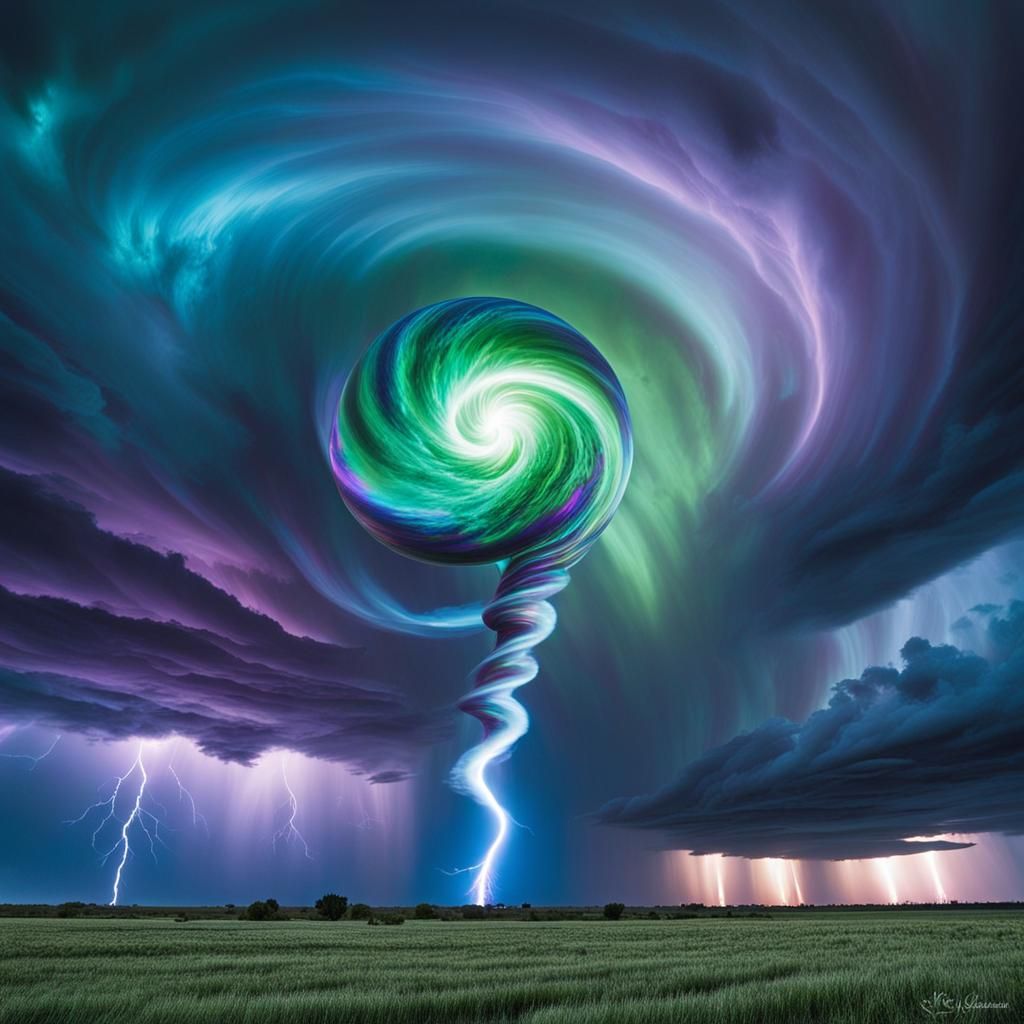 Iridescent Orb Above Tornado: A Surreal Vision