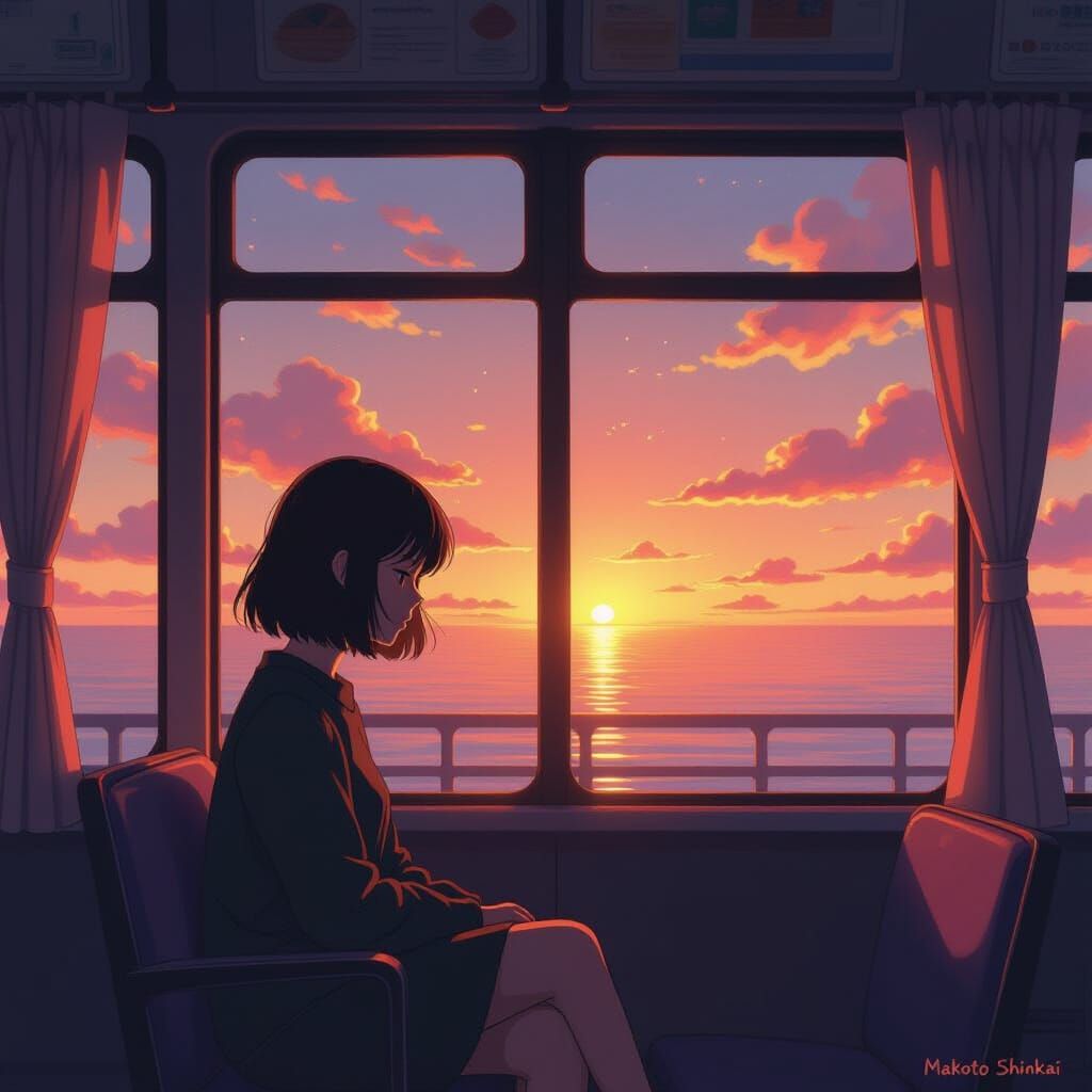 Cinematic Dusk Bus Ride: Nostalgic Ocean View