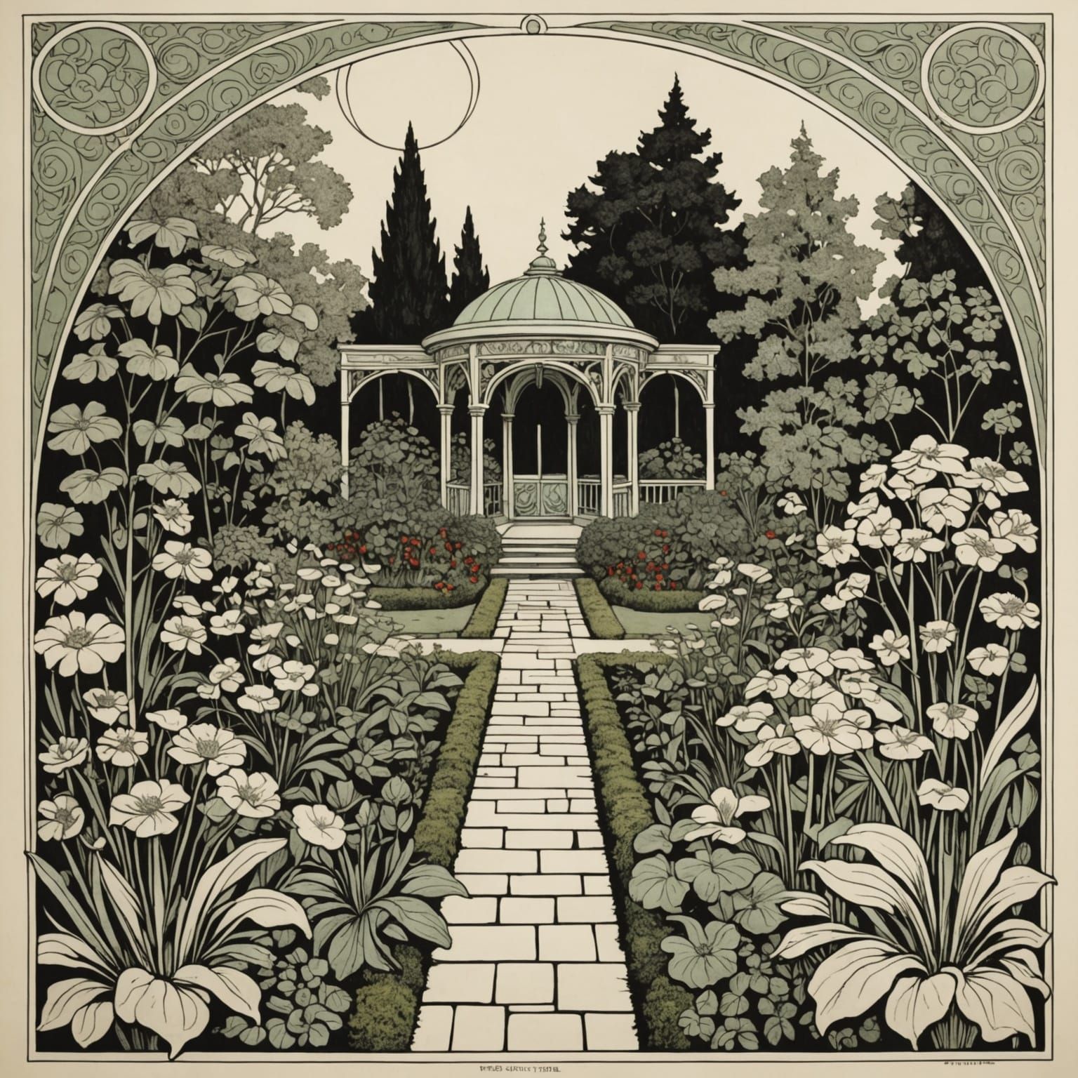 Art Nouveau Garden Scene in Ink Drawing