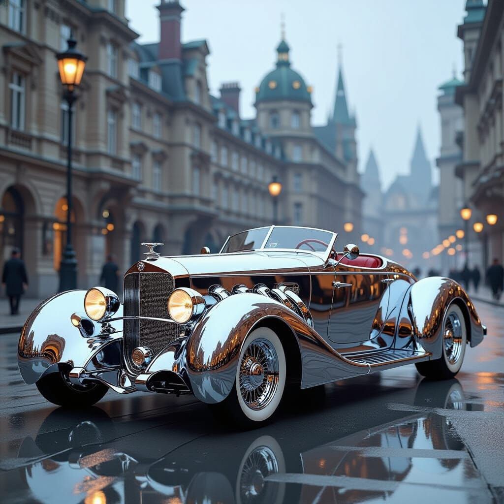 Retro-Futuristic Steampunk Car in Victorian City