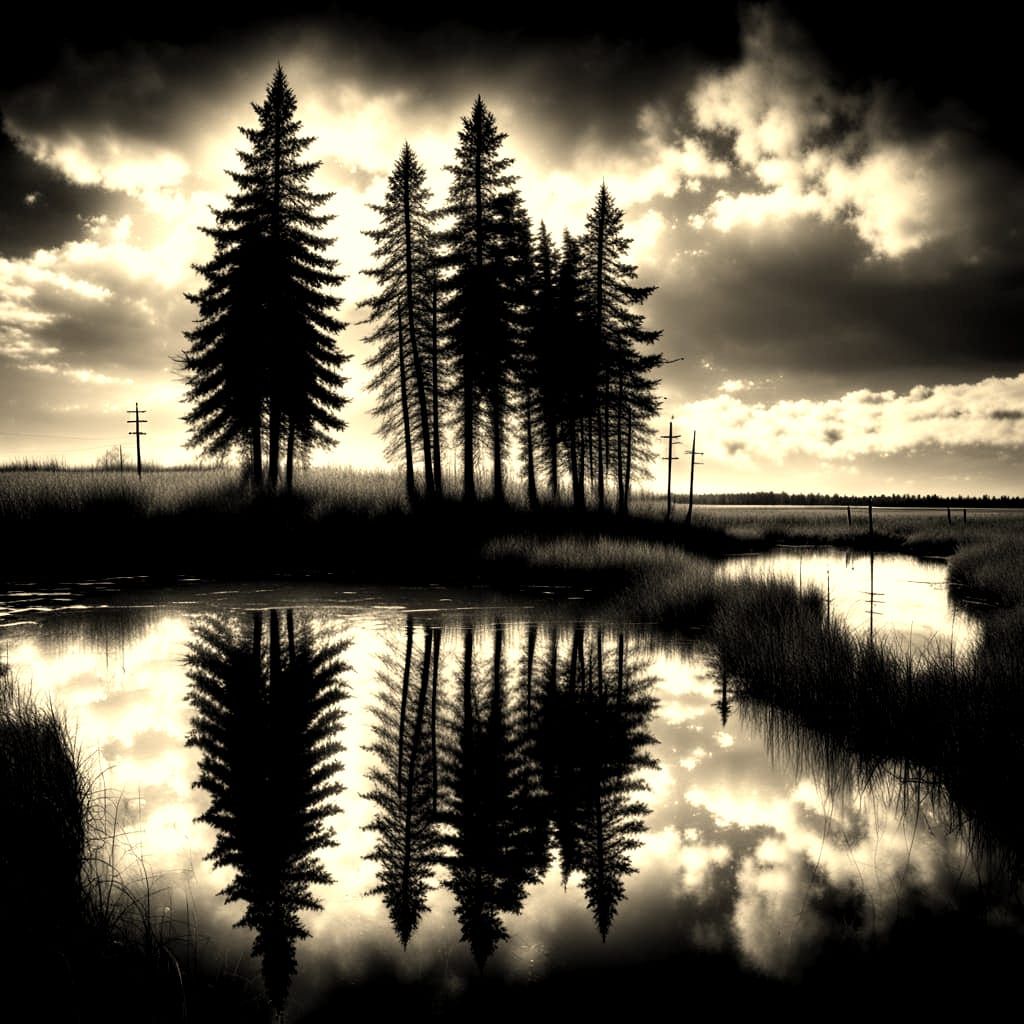 Sinister Black and White Spruce Silhouette Landscape