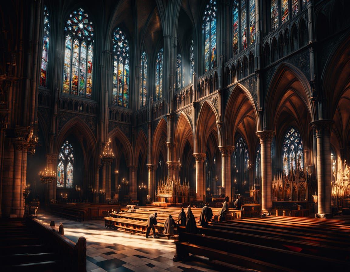 Gothic Cathedral Interior with Sunlight and Gargoyles
