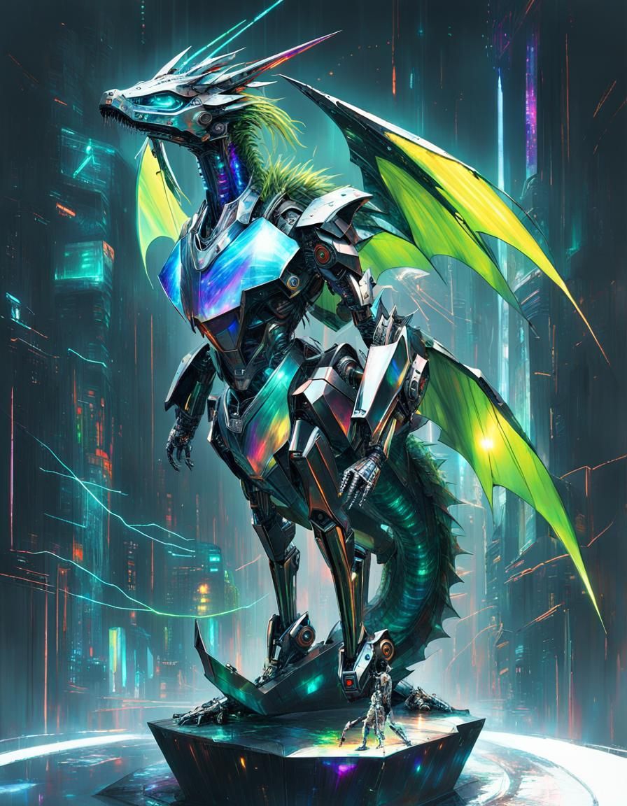 Cyborg Dragon Curled on Stone Pedestal