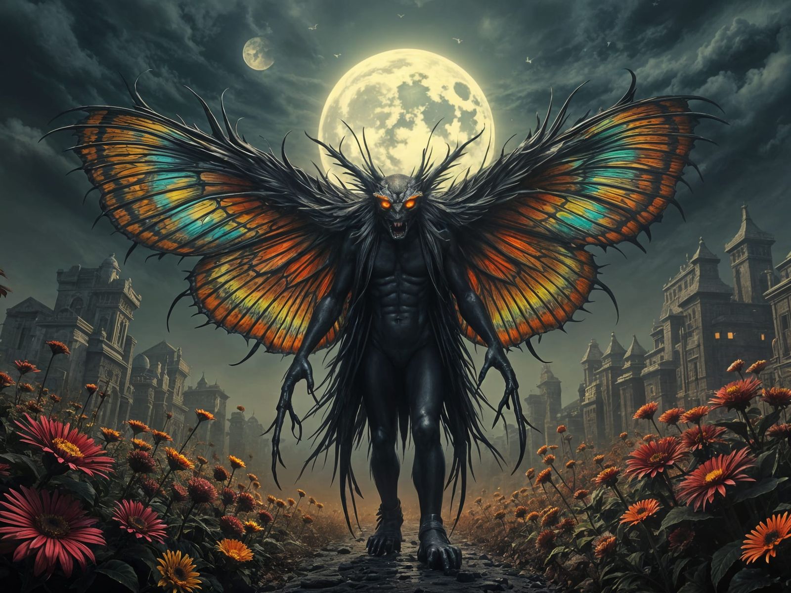 Mothman and Aztec Goddess Hybrid in Fractal Landscape