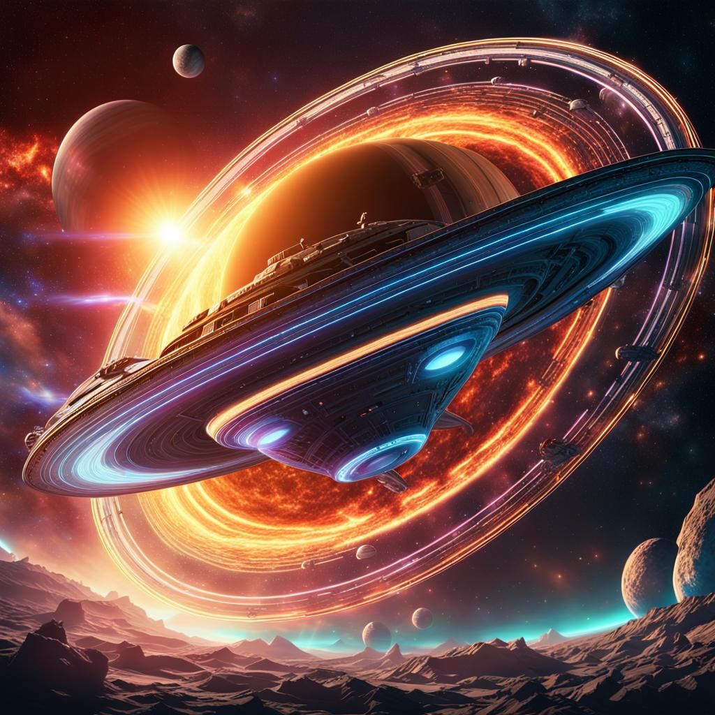 Epic Space Battle Over Saturn in Neon Digital Art