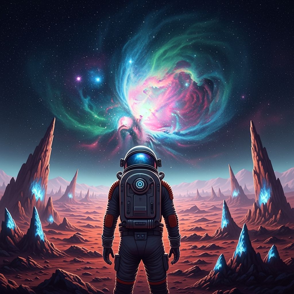 Astronaut Gazing at Nebula on Alien Planet