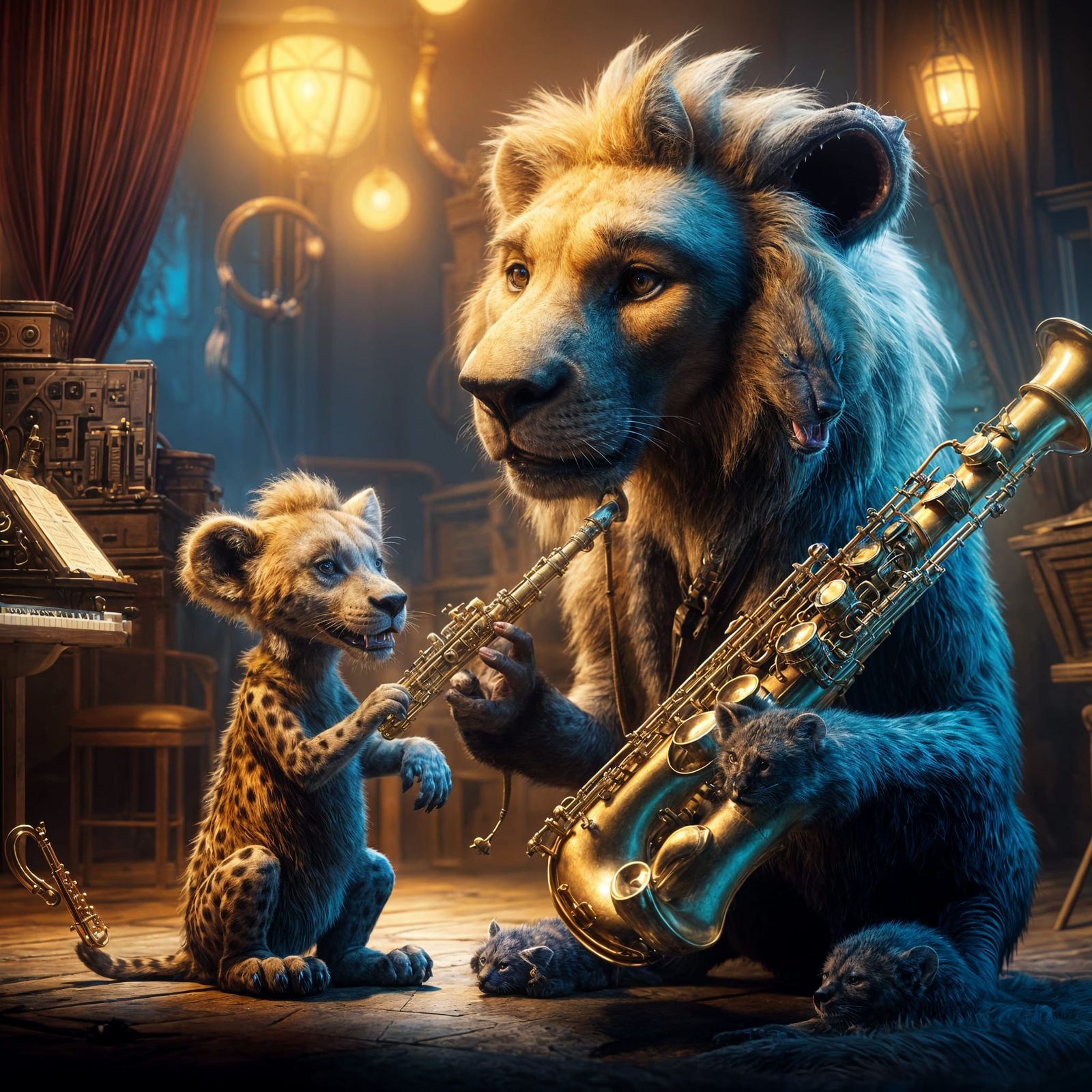 Lion Teaches Hyena Jazz Saxophone, Pixar Style