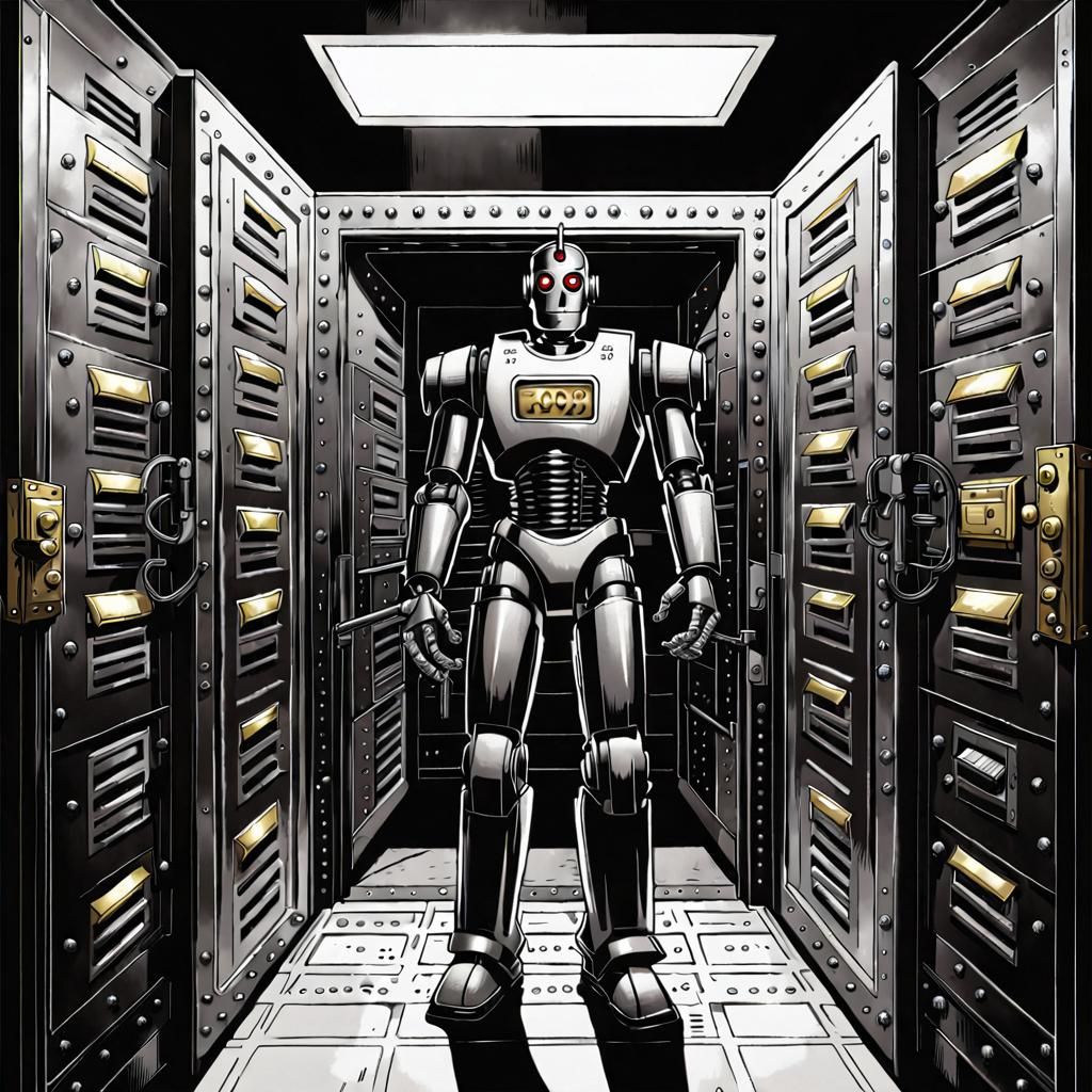 Robot Detective in Bank Vault, Vintage Comic Art